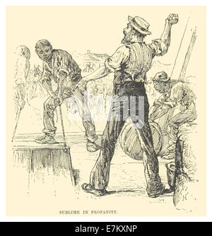Eine Illustration aus Mark Twains Werk von 1883, die eine Szene mit dem Titel „Sublime in profanity“ darstellt, die einen satirischen Blick auf den Gebrauch von Sprache in der Gesellschaft bietet. Stockfoto