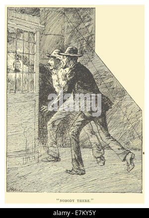 Eine Illustration von Mark Twain aus dem Jahr 1883, die eine Szene zeigt, in der niemand da ist. Die Zeichnung spiegelt Twains Erzählstil wider und fängt einen Moment der Leere oder Einsamkeit mit atmosphärischer Qualität ein. Stockfoto