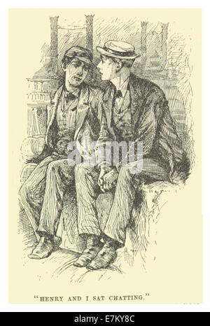 Eine Illustration aus dem Jahr 1883, die Mark Twains Erzählung begleitet und eine Szene darstellt, in der Henry und der Autor sich unterhalten. Stockfoto