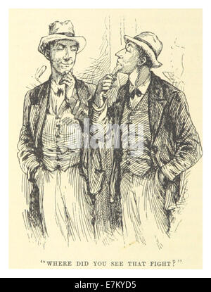 Seite 290 aus Mark Twains Werk von 1883, in dem ein humorvoller oder aufschlussreicher Moment in einer seiner Geschichten dargestellt wird, der wahrscheinlich mit einem Ereignis oder Vorfall im Zusammenhang steht, bei dem ein Kampf stattgefunden hat. Die Illustration ergänzt Twains Erzählstil, der für seinen Witz und seinen beobachtenden Humor bekannt ist. Stockfoto