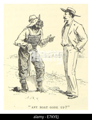 Eine Skizze von Mark Twain aus dem Jahr 1883, die eine Flussszene und die Frage darstellt, ob irgendwelche Boote den Fluss hinaufgestiegen sind, um die Stimmung der damaligen Zeit einzufangen. Stockfoto