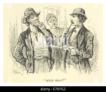 Diese Zeichnung von Mark Twain aus dem Jahr 1883 zeigt humorvoll den Verzehr von Maultierfleisch und zeigt Twains satirische Haltung gegenüber bestimmten kulturellen Praktiken. Stockfoto