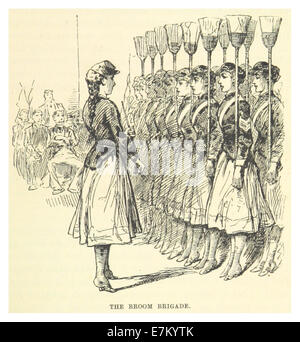 Diese Skizze von Mark Twain aus dem Jahr 1883 zeigt die Besen-Brigade, die eine humorvolle Szene im einzigartigen Stil des Künstlers darstellt, die wahrscheinlich eine Gruppe von Menschen oder Aktivitäten darstellt, die mit dem Putzen oder dem Kehren verbunden sind. Stockfoto