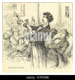 Eine Illustration aus Mark Twains Werk aus dem Jahr 1883, die die Szene von Charakteren zeigt, die laut vorlesen. Die Skizze erfasst die Stimmung und die Einstellung des Augenblicks. Stockfoto
