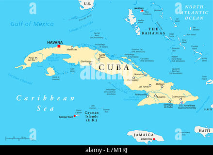Kuba politische Karte mit Hauptstadt Havanna, Landesgrenzen, die wichtigsten Städte und Flüsse. Englische Beschriftung und Skalierung. Stockfoto