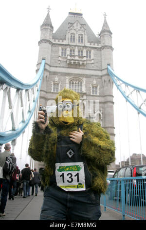 London, UK. 20. Sep, 2014. Ein Teilnehmer führt über die Tower Bridge während der 11. "Great Gorilla Run" in London, England am 20. September 2014. Hunderte von Menschen in Gorilla-Kostümen nahmen an der 8km Great Gorilla Run organisiert von der Gorilla-Organisation mit dem Ziel, Geld zu helfen, Leben zu retten und bewahren die Lebensräume des Gorillas in Afrika, die als bedrohte Art gelten. © Bimal Gautam/Xinhua/Alamy Live-Nachrichten Stockfoto