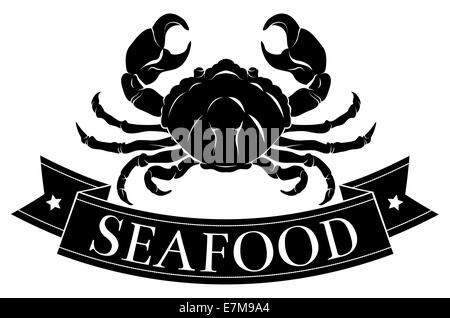 Krabben oder Meeresfrüchte essen-Symbol einer Krabbe und Banner lesen Meeresfrüchte Stockfoto