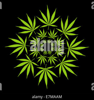 Mandala Muster von Cannabisblättern auf schwarzem Hintergrund perfekt für die Verwendung in Cannabis Branding, medizinischen Marihuana Konzepten und kreativen grafischen Designs Stockfoto