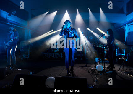 Tommaso Cerasuolo lead-Sänger von Perturbazione, eine italienische Rock-Band, live-Konzert auf der Bühne des "Star 2014 Free Festival" in Turin. Stockfoto