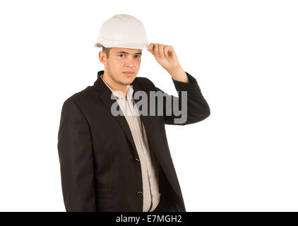 Mittleren Alters gut aussehende Ingenieur im schwarzen Mantel und weißen Helm halben Körper zu erfassen. Isolated on White Background. Stockfoto