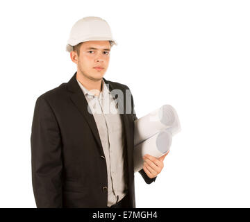 Junge gute suchen Ingenieur betrachten Kamera während Holding Blueprints hautnah Stockfoto