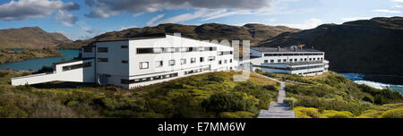 Explora Hotel in Torres del Paine Nationalpark, Patagonien, Chile. Stockfoto