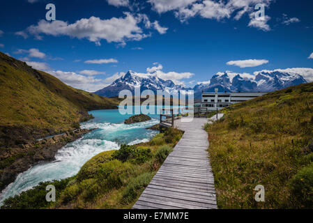 Explora Hotel in Torres del Paine Nationalpark, Patagonien, Chile. Stockfoto