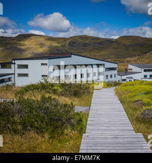 Explora Hotel in Torres del Paine Nationalpark, Patagonien, Chile. Stockfoto