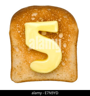 Isolierte Toast mit Butter Nummer 5 Stockfoto