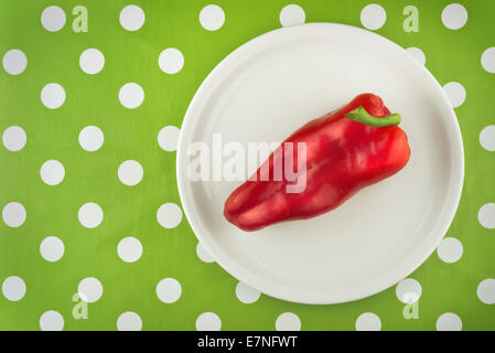 Frische rohe Paprika auf einem weißen Teller, Ansicht von oben. Stockfoto