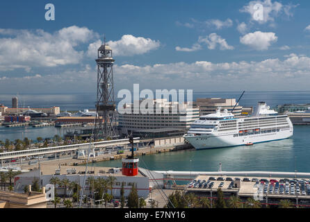 Barcelona, Katalonien, Stadt, Spanien, Europa, Architektur, Atarazanas, Seilbahn, Gondel, Hafen, Hafen, Schiff, Tourismus, Turm, tr Stockfoto