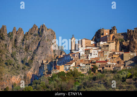 Albacete, Ayna, Kastilien, Provinz, Region, Spanien, Europa, Architektur, Glockenturm, Kirche, Schlucht, La Mancha, Landschaft, Panorama, t Stockfoto