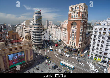 Avenue, Callao, Stadt, Gran Via, Madrid, Spanien, Europa, Square, Architektur, Innenstadt, Modernismus, Tourismus, Reisen Stockfoto