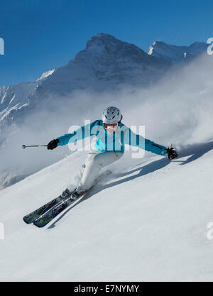 Ski, Skifahren, Grindelwald, Grat, Eiger, Jungfrau, Berg, Berge, Ski, Skifahren, Carving, Winter, Wintersport, Kanton Bern, Stockfoto