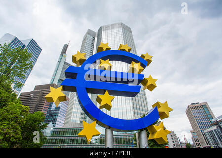 EU, Euro, Frankfurt am Main, Deutschland, Europa, Bank, blau, Business, Stadt, Europäische Union, Bild, Geld, Denkmal, Sterne, Symbol, Handel, Stockfoto