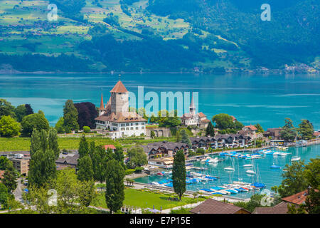 Kanton Bern, Berner Oberland, Spiez, Schweiz, Europa, Thunersee, Architektur, Boote, Stadt, bunt, See, Landschaft, po Stockfoto