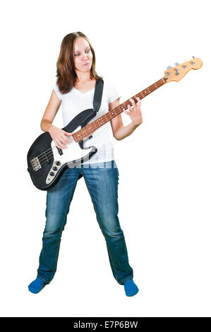 Mädchen mit Gitarre und Mikrofon isoliert auf weißem Hintergrund Stockfoto