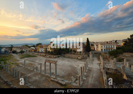 Sonnenuntergang am alten römischen Markt in Monastiraki Stockfoto