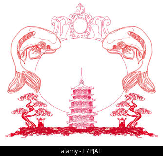 Japanische Koi und alte Gebäude - Frame abstrakt Stockfoto