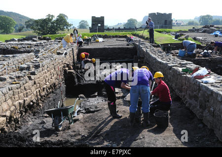 Ausgegrabenen Reste an Vindolanda, ein Roman Auxiliary Fort und zugehörigen Stadt in der Nähe der Hadrianswall in Nordengland. Stockfoto