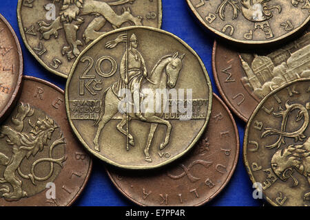 Münzen der Tschechischen Republik. Denkmal für St.-Wenzels auf dem Wenzelsplatz in Prag in der Tschechischen 20 Kronen-Münze abgebildet. Stockfoto