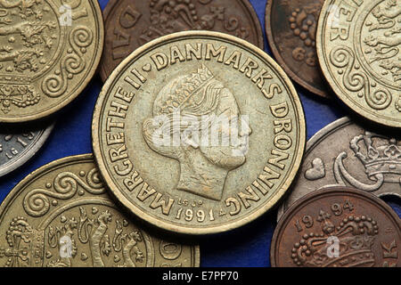 Münzen von Dänemark. Königin Margrethe II von Dänemark, die dänische Krone-Münzen abgebildet. Stockfoto