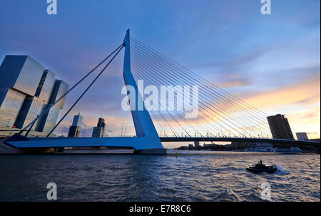 Die Erasmusbrücke in Rotterdam bei Sonnenuntergang. Vor der Brücke ein kleines Boot an der Maas Stockfoto