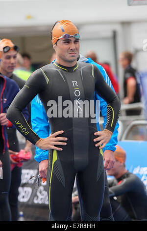 Javier Gomez von Spanien während der 2014 ITU Triathlon in London stattfand. Stockfoto