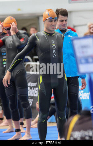 Javier Gomez von Spanien während der 2014 ITU Triathlon in London stattfand. Stockfoto