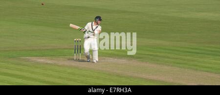 Manchester, UK 23. September 2014 Joe Denly (Middlesex) vermeidet eine Türsteher von Tom Bailey in seine Innings des 38. Lancashire V Middlesex County Cricket Manchester, UK Credit: John Fryer/Alamy Live News Stockfoto