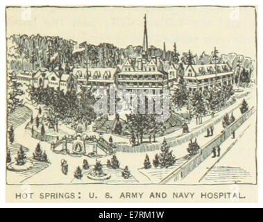 Eine Illustration von Hot Springs, Arkansas aus dem Jahr 1891 mit der U.S. Army and Navy Hospital. Die Skizze unterstreicht die Rolle des Krankenhauses bei der Bereitstellung medizinischer Dienstleistungen für Militärpersonal und seine architektonische Gestaltung. Stockfoto
