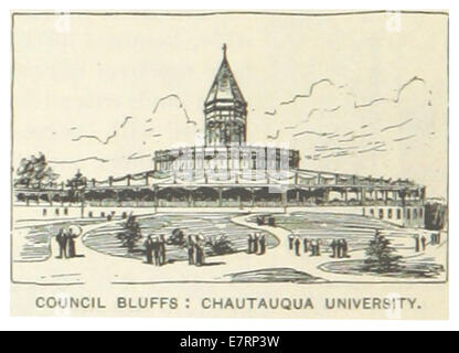 Diese Abbildung aus dem Jahr 1891 zeigt die Chautauqua University in Council Bluffs, Iowa, mit einer detaillierten Darstellung des Campus und der Umgebung während des späten 19. Jahrhunderts. Die Skizze hebt die Architektur der Universität und ihre Rolle in der lokalen Bildung hervor. Stockfoto