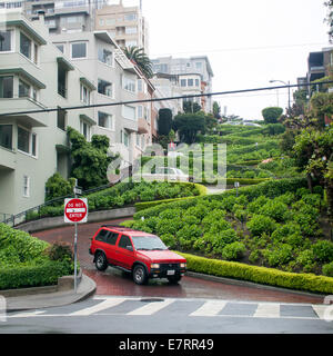 Die Lombard Street in San Francisco, bekannt als die krummste Straße der Welt, bietet scharfe Kurven, steile Hügel und farbenfrohe Landschaftsgestaltung. Stockfoto