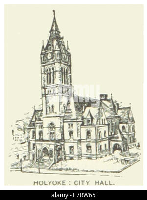 Diese 1891 abgebildete Abbildung zeigt das Holyoke City Hall in Massachusetts und zeigt die Architektur und die Bedeutung des Gebäudes für die Bürger. Das Kunstwerk beleuchtet die Stadtentwicklung und die Stadtverwaltung im späten 19. Jahrhundert. Stockfoto