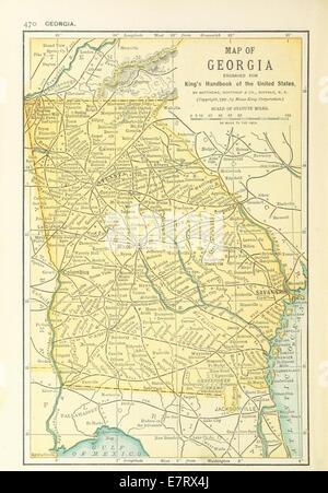 Diese Karte von Georgia, USA aus dem Jahr 1891, zeigt detaillierte geografische und politische Grenzen des Bundesstaates und zeigt wichtige Städte, Straßen und Flüsse des späten 19. Jahrhunderts. Stockfoto