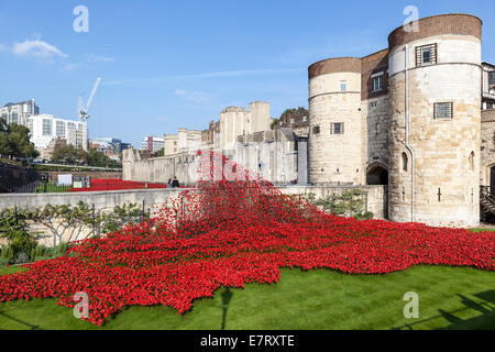 Keramische rote Mohnblumen erstellen Sie ein "Feld des Blutes" zum Gedenken an den hundertsten Jahrestag des ersten Weltkrieg an der Tower of London. Stockfoto