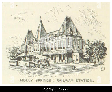 Eine 1891 gezeigte Abbildung des Bahnhofs in Holly Springs, Mississippi, mit einer Karte und Zeichnung des Verkehrsknotenpunkts im späten 19. Jahrhundert. Stockfoto