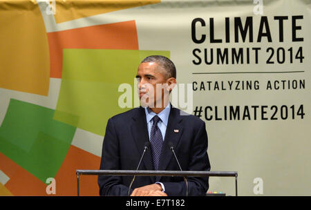 New York, USA. 23. Sep, 2014. US-Präsident Barack Obama spricht während des Klimagipfels im UN-Hauptquartier in New York, am 23. September 2014. Die Tages-Gipfeltreffen von UN-Generalsekretär Ban Ki-Moon, soll globalen Maßnahmen gegen den Klimawandel zu galvanisieren. Bildnachweis: Yin Bogu/Xinhua/Alamy Live-Nachrichten Stockfoto