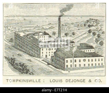 Diese Referenz aus dem Jahr 1891 zeigt Tompkinsville mit einer Karte und Skizze, die Louis Dejonge & Company, einem wichtigen Unternehmen in der Region, zeigt. Die Abbildung bietet einen Einblick in die Geschäfts- und Stadtlandschaft. Stockfoto