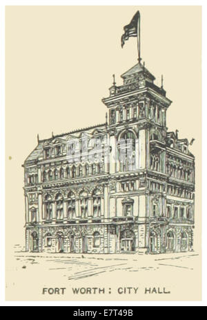 Diese Abbildung aus dem Jahr 1891 zeigt das Rathaus von Fort Worth, Texas, und zeigt seinen architektonischen Stil und seine Bedeutung als Zentrum der lokalen Regierung während des späten 19. Jahrhunderts. Stockfoto