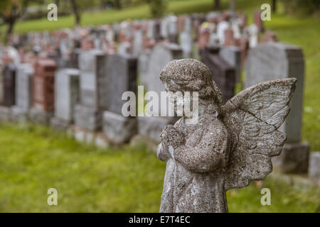 Engelsstatue mit Blick auf Hunderte von Grabsteine auf einem Friedhof im Herbst Stockfoto