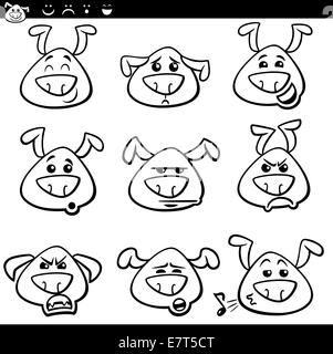 Schwarz / Weiß Cartoon Illustration der lustige Hunde, die mit dem Ausdruck ihrer Gefühle oder Emoticons setzen Malbuch Stockfoto