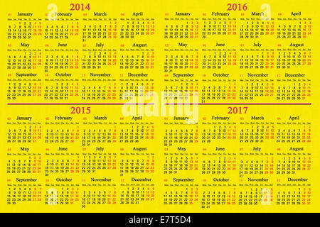 üblichen Geschäftszeiten Kalender 2014-2017 jahrelang auf den gelben Stockfoto