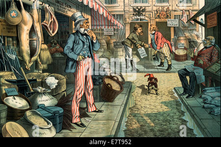 Frieden, aber nicht Business - Uncle Sam - gestopft, wenn ich wieder verließ, ist nicht!  Ich bin überfüllt, ich habe all die Segnungen eines hohen Tarifs. Politische Karikatur 1885 Stockfoto